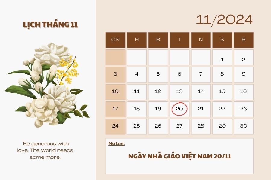 Ngày 20/11/2024 sẽ rơi vào ngày thứ Tư giữa tuần.