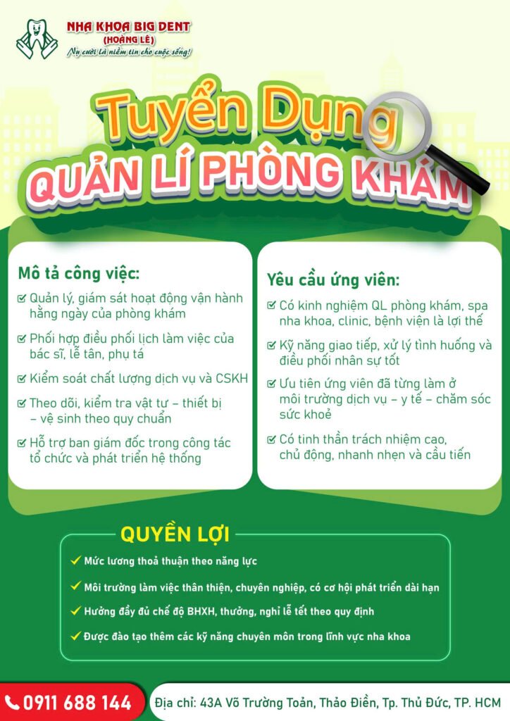 tuyển dụng quản lý phòng khám nha khoa