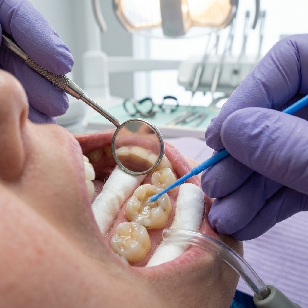 Quy trình trám răng thẩm mỹ Bước 3: Bác sĩ nạo sạch mô sâu và bôi keo dán sinh học Bonding